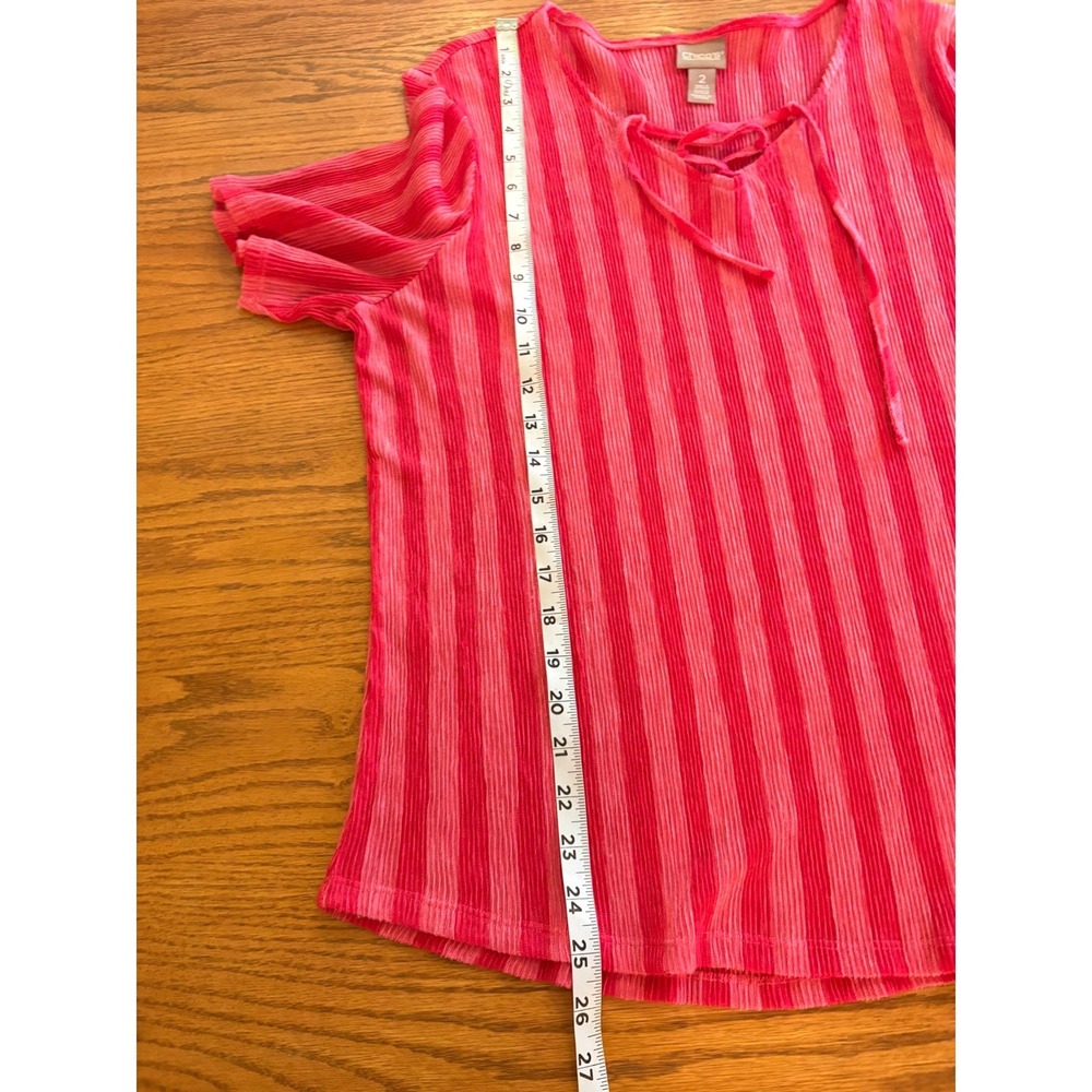 Chicos Crinkle Lace Up Top SS Knit Fashion Coral Fuchsia Stripe Size 2 Large NWT - Picture 7 of 13